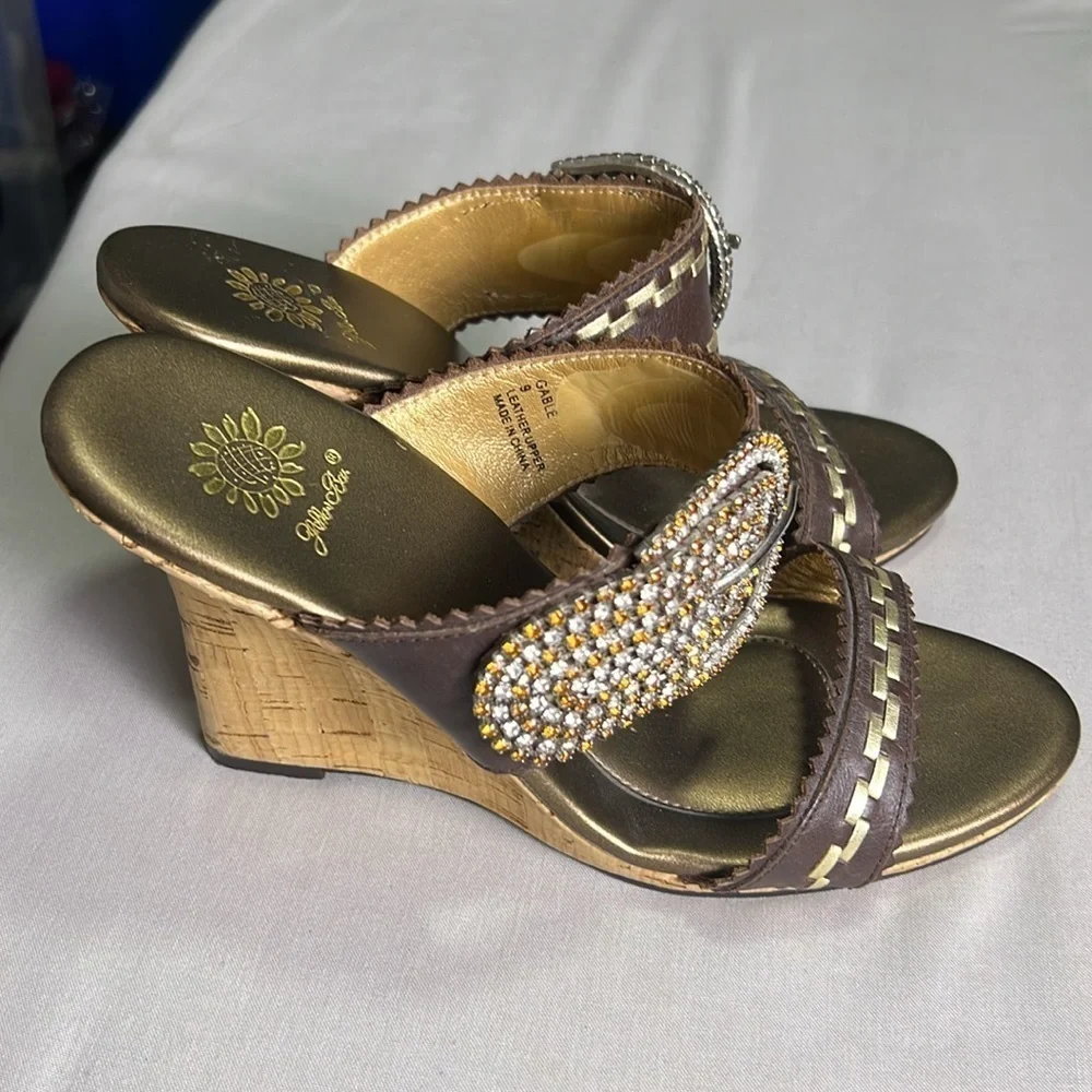 Yellow Box Gable Buckle Rhinestone Embellished Leather Cork Wedge size 9